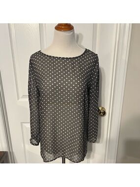 LOFT Black Sheer Polka Dot Blouse with White Dots